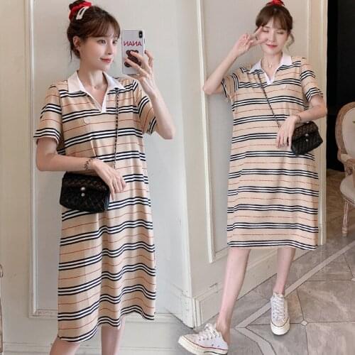 9139# Maternity Clothes Summer Cotton Short Sleeve Loose Stylish Striped Dress for Pregnant Women Pregnancy Clothes