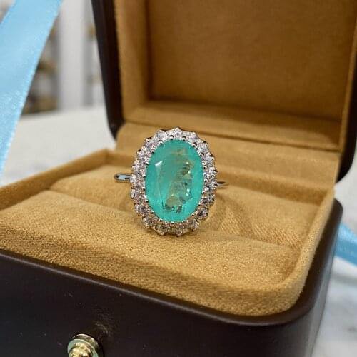 925 Sterling Silver 10ct 10*14MM Oval Cut Paraiba Tourmaline Simulated Moissanite Gemstone Rings For Women Wedding Party