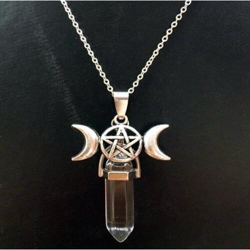 Triple Moon Goddess Choker Hexagonal Bullet Reiki Natural Stone Necklace Pendant Gothic Chain Necklace for Women Gift Bijoux