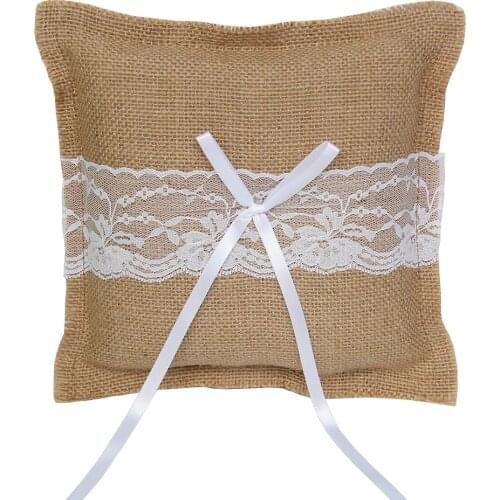 Burlap Hessian Lace Ring Pillow for Bridal Wedding Decoration Product Supplies