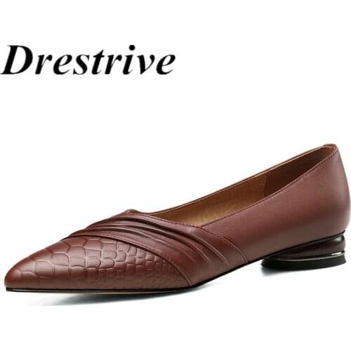 Drestrive Pointed Toe Full Genuine Leather Low Heels Brown Pleated 2021 Summer Women Pumps Cow Leather Shallow Big Size 42