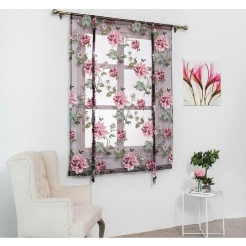Peony Flower Type Roman Short Curtains Use for Living Room Kitchen Burnt-out Flower Tulle Semi-shading Curtains