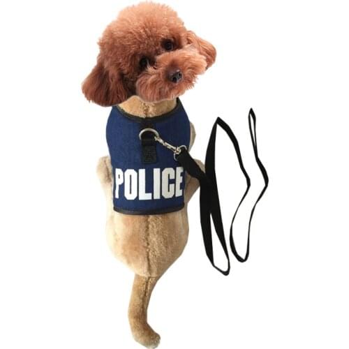 Cute Dark Blue Police Letter Pattern Pet Dogs Chest Harness With Dog Leash Small Puppy Supplies