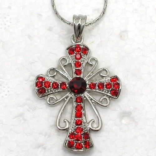 Red Rhinestone Cross Fashion Pendant Necklaces Chain Jewelry F167 C