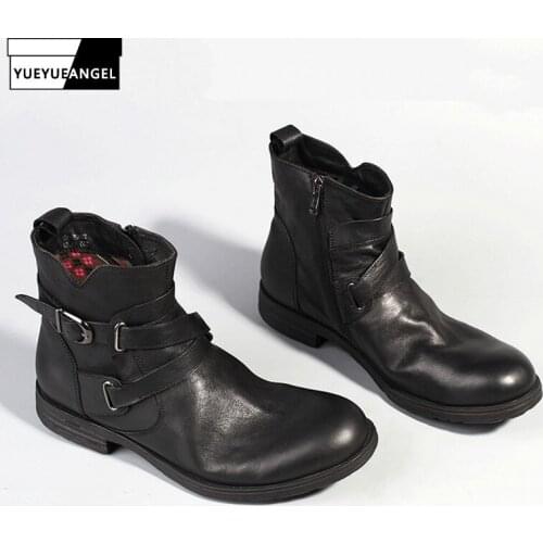 Brand Luxury Genuine Leather Boots Men Round Toe Buckle Strap Sewing Fashion Japan Style 2020 New Work Boots Shoes Mens