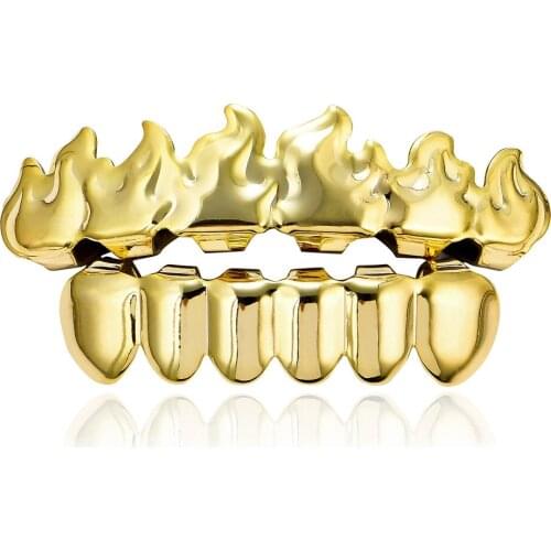 Gold Color Plated HIP HOP Teeth Grillz Flame Leaf Top Bottom Grill Set silicone Vampire teeth Christmas Gift Punk Grillz Dental