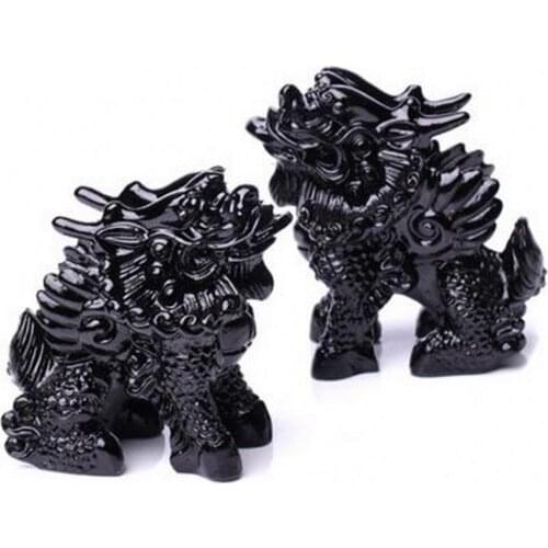 Natural Black Obsidian Kirin Ornaments China Fengshui Quartz Crystal Brave Troops Wealth Lucky Figurine Crafts Home Decoration