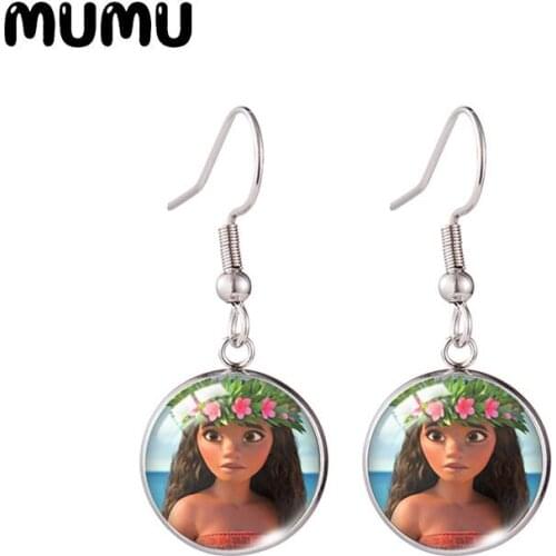2021 New Princess Moana Fish Hook Earring Printed Photo Round Jewelry Glass Dome Earrings Gifts Girl