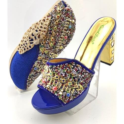 2020 New Arrival Royal Blue Color Shinning PU material Ladies Shoes and Bag Set Decorated with Colorful Rhinestone for Party