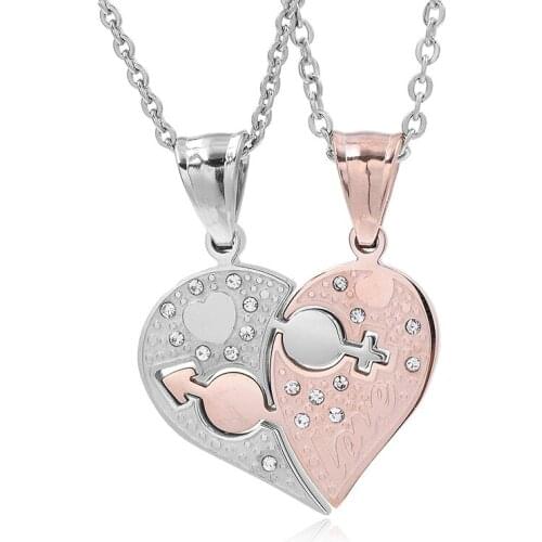 Gift Banquet Romantic Lovers Stainless Steel Rhinestone Silver Color Male Female Heart pendant necklace PC010
