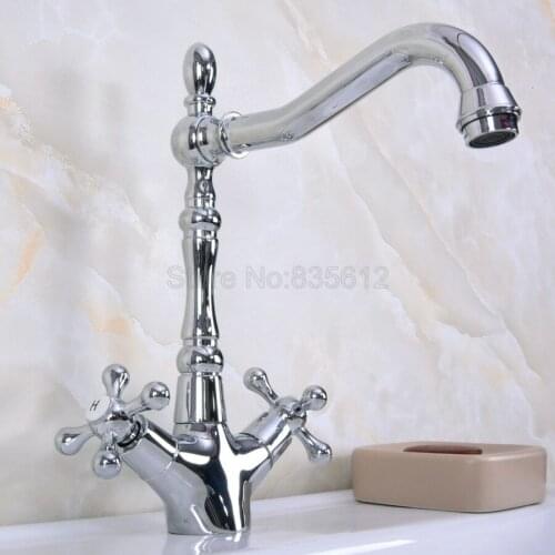 Polished Chrome Bathroom Sink Faucet Spout Double Cross Handle Bath Mixer Hot and Cold Tap tnf917
