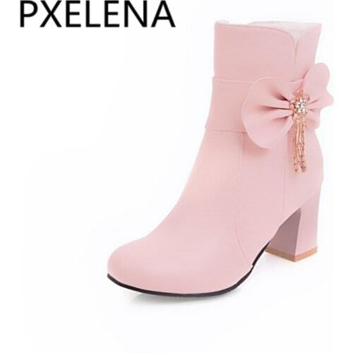 PXELENA Sweet Pricess Ankle Boots Girls Butterfly-knot Crystal Square High Heels Short Boots Women Round Toe Fashion Shoes 34-43