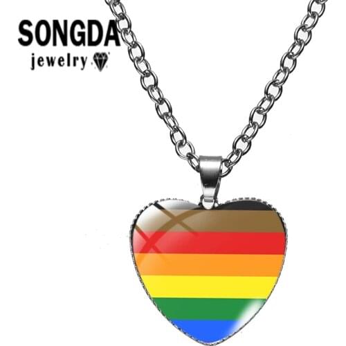 SONGDA LGBT Rainbow Pride Flag Lesbian Pride Metal Necklaces Heart Shaped Convex Surface Glass Pendant Fashion Necklace Jewelry