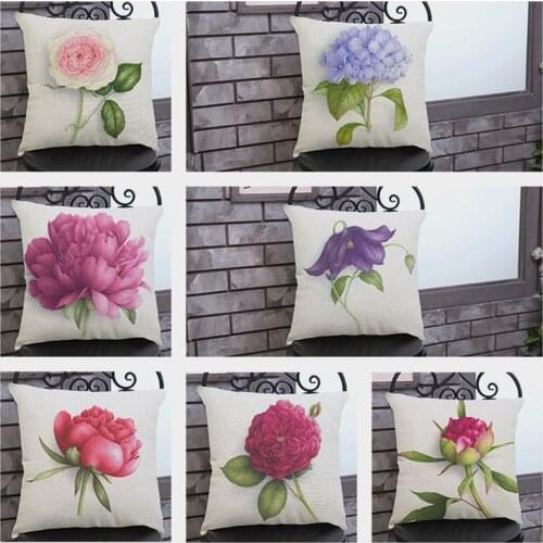 Vintage Charming Flower Cushion Violet Red Rose Chrysanthemum Cotton Linen Home Decorative Car Sofa Square Waist Pillowcase