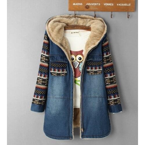 New Womens Denim Jacket 2021 Printing Warm Thicken Plus Velvet Cotton Padded Coat Loose Hooded Long Outerwear Female Y170