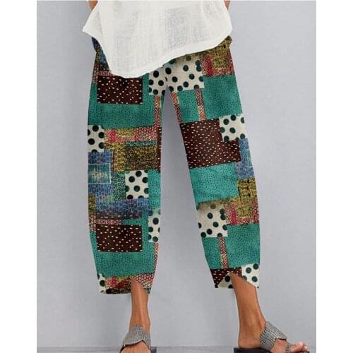 Women Floral Printed Pants Vintage Elastic Waist Bohemian Harem Pantalon Turnip Plus Size Cotton Wide Leg Trousers