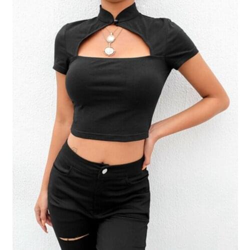 Women T-shirts Chinese Style Casual Black Harajuku Short Sleeve Crop Top T Shirt Hollow Out Sexy Tee Shirt Summer