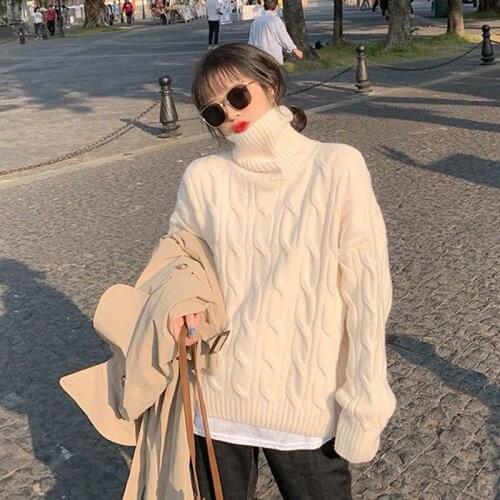 Women Turtleneck Sweater Pink Red Long Sleeve Pullover Winter Thick Casual Beige Jumper Female Loose Sweaters Oversized MOKIJINS