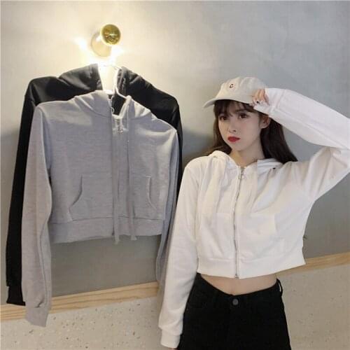 Women Solid Zip Up Harajuku Cropped Sweatshirt 90s Long Sleeves Short Streetwear White Aesthetics Hoodie with Pocket Spring Tops
