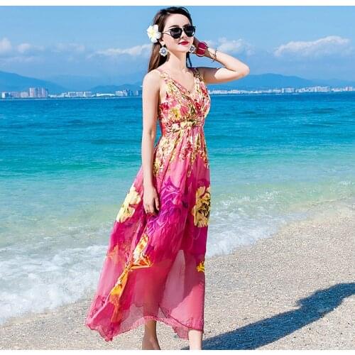 Women Summer Dress Sleeveless Long Party Dress Bobo Beach Dresses Casual Backless Dresses Silk Print Pink Vestido LWL1531