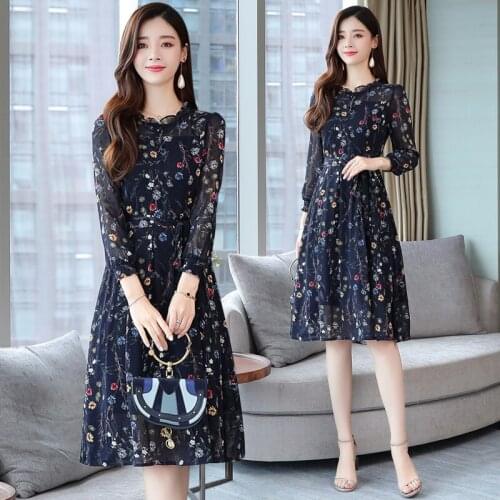 Long Sleeve Floral Chiffon Print Fairy Boho Blue Dress Women 2020 Spring Autumn Party Lady Dresses Vintage Runway Female Vestido