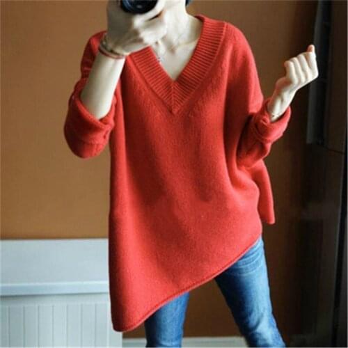 100%cashmere Vneck knit women fashion solid loose irregular hem pullover sweater S-L retail wholesale