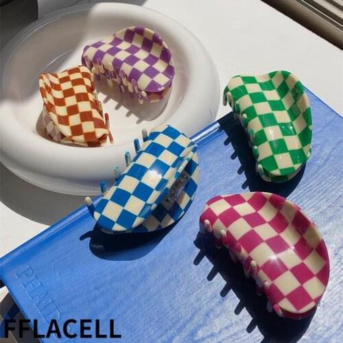 2021 Nieuwe Ins Grote Multicolor Dambord Raster Vierkante Halve Cirkel Acetaat Haar Clip Claw Haar Vrouwen Haar Accessoires