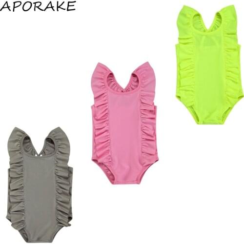 2021 0-6Y Summer Infant Girl Swimsuit with Ruffle Simple Style Fly Sleeve Solid Color High Waist Summer Swimwear Beachwear 1 Pc
