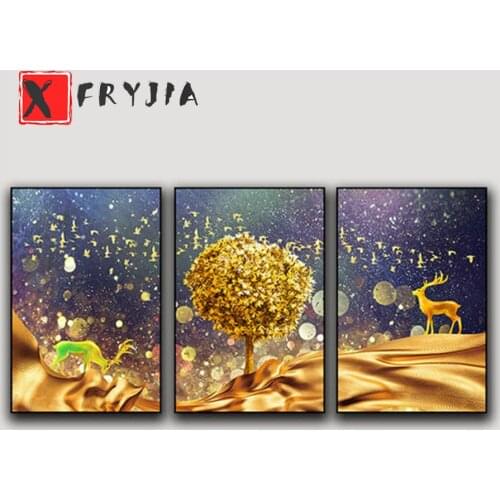 3pcs 5D DIY Diamond Painting Money tree golden deer Picture Of Rhinestones full round Diamond Embroidery Mosaic Home Decoration