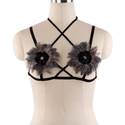 Goth Rave Bondage Harness Feathers Body Harness BurningMan Feathers Bra Fetish Punk Lingerie Harness Cage Harajuku Feathers Cage