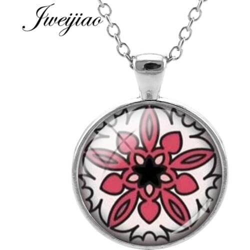 JWEIJIAO Buddhism Jewelry Indian Toalla Mandala Glass Cabochon Necklace Henna Flower Pattern Color Chian Pendant HN463