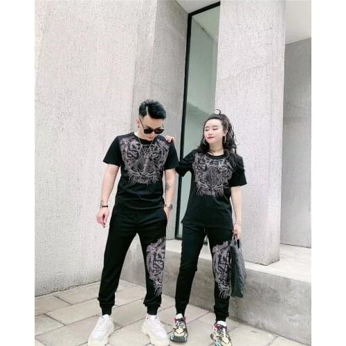 Mens and womens fitness designer sports suit rhinestone tiger shirt+mens and womens jogging casual pants set of 2