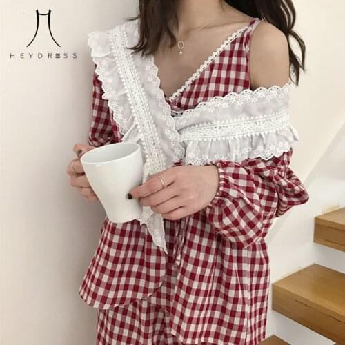 Heydress Women Sweet Fashion Sleepwear Loose Pajamas Suits Fresh Home Clothes Plaid Lace Gentle Three-piece Suits Chic Vintage
