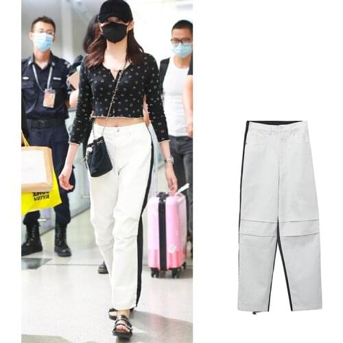 Replenishment King Guan Xiaotong back and forth color matching high waist jeans womens workwear wide leg pants drawstring waist