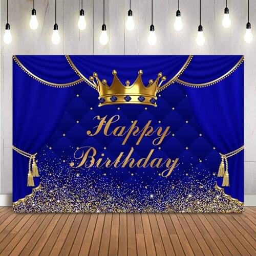 Blue Curtrain Birthday Backdrop Gold Crown Happy Birthday Background for Photo Props Newborn Kids Birthday Party Banner Props