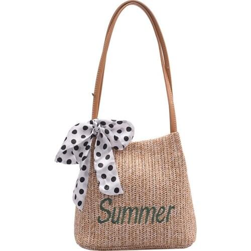 Ladies Handmade Straw Beach Bag Women Girls Summer Bohemian Shoulder Tote Soft Woven Basket Handbag With Pu Leather Handle