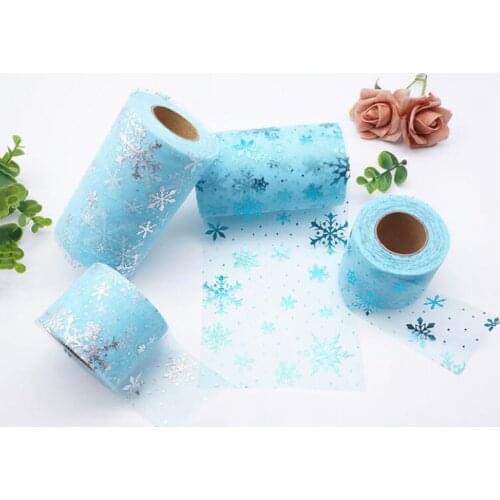 6cm*25yards Organza Blue Snow Flower Tulle Roll Spool Fabric Ribbon DIY Tutu Skirt Gift Craft Party Wedding Party Decoration