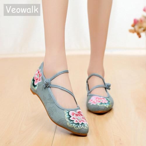Veowalk Chinese Style Women Cotton Fabric Ballet Flats Pointed Toe Instep Strap Ladies Casual Ballerinas Embroidered Shoes