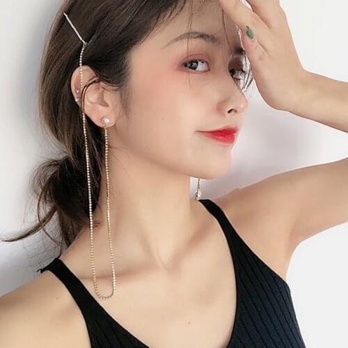 Gothic Rock Long Tassel Chain Hair Pin Ear Cartilage Cuff Brooch Pearl Rhinestone Earrings For Women