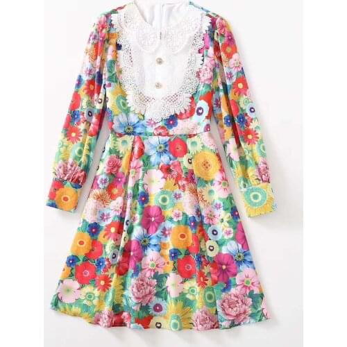 Womens European and American clothing 2021 New Style for Spring Long sleeve lace Mosaic flower print Fashion dress
