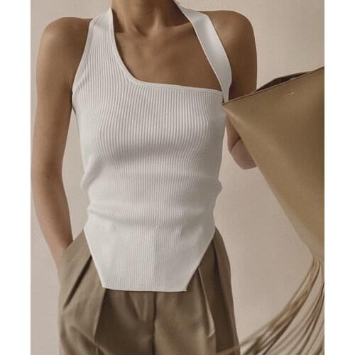 European and American womens wear oblique collar knitted neck vest elastic pit strip irregular top Tank Tops Solid
