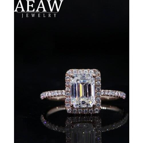 AEAW 1.0ct White Emerald Cut Moissanite Stone Rings For Women 10k 14k White Gold Rose Gold Romantic Wedding Engagement Rings