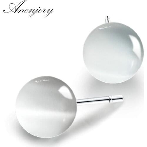 ANENJERY 925 Sterling Silver Simple Moonlight Stone Opal Dot Stud Earrings For Women oorbellen boucle d'oreille S-E71