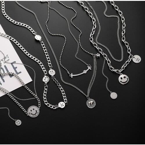 Minar Fashion Metallic Smile Face Pendant Necklace for Women Double Layered Alloy Chunky Chain Letter Print Chokers Necklaces