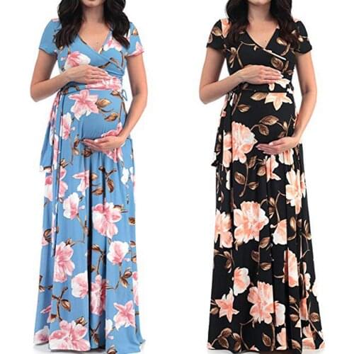 Plus size pregnant women dress v-neck Short-sleeved printed maternity dresses pregnancy dress 4 colors Q0506