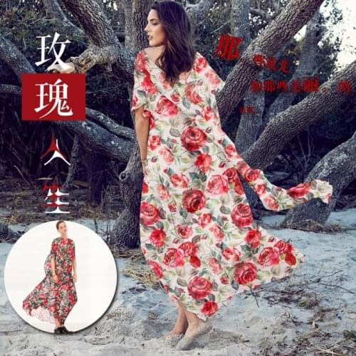 100%Pure PRINTED SILK CHIFFON 135cm width 8momme Silk Chiffon Roll Yarn Fabric New Arrival 2018 Free Shipping Red Rosy Woman 050