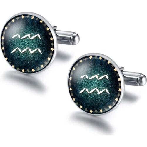 12 Zodiac Signs Constellations Copper Glass Cabochon Silver Color Cuff Link for Men Shirt Cuff Button Gifts for Male