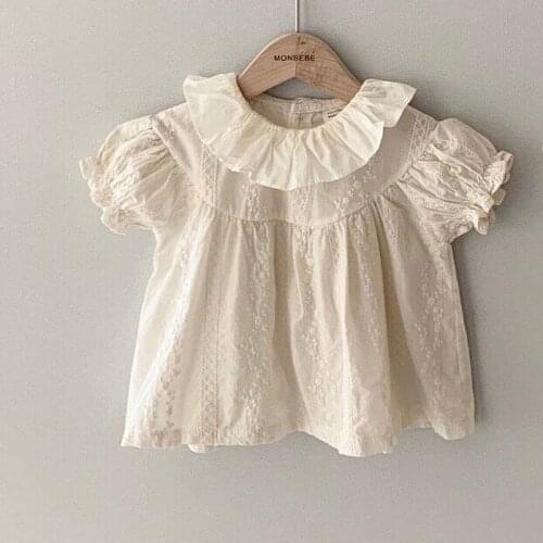 2021 Summer New Cute Princess Shirts Clothes Baby Solid Toddle Lace Ruffle Collar Shirt Cotton Infant Short Sleeve Tops