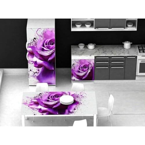 3D Table Refrigerator Wrap Purple Flower Blooming Diy Freezer Sticker Kids Art Fridge Door Cover Wallpaper Kitchen Accessory