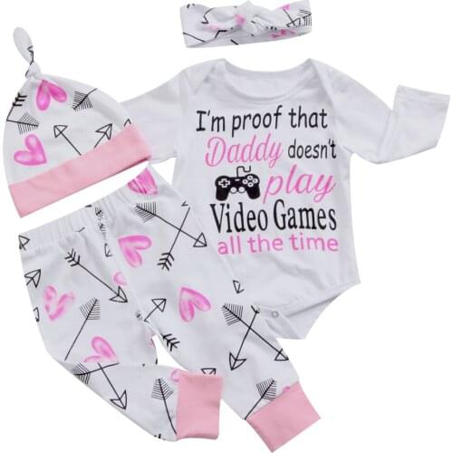4Pcs/Set Baby Clothing Newborn Baby Girl Letter Long Sleeve Romper+ Arrow Pants +Hat +Headband Outfits Clothes 0-24M